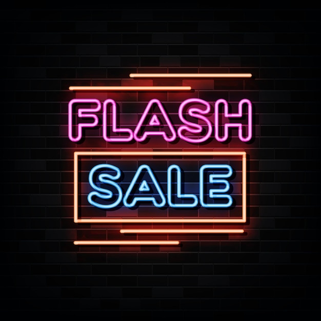 Sinais de néon de venda flash na parede preta
