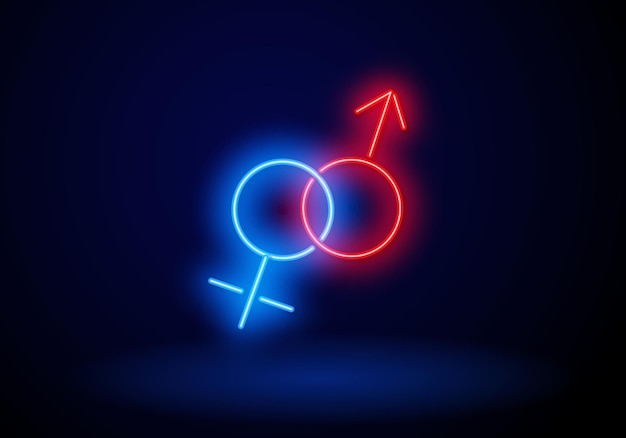 Sinais de néon de venus e marte neon masculino e feminino símbolo de gênero em forma de vetor de fundo escuro