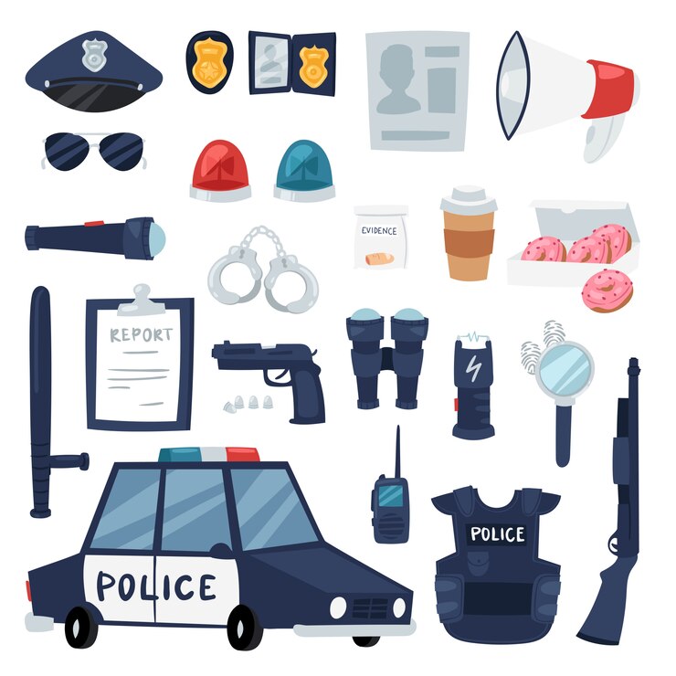 Vetor sinais de política policial de policial e conjunto de ilustração de carro de polícia ou colete à prova de balas e algemas em símbolos de polícia isolado no fundo