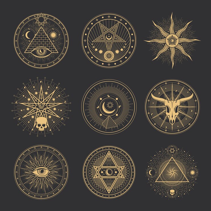 Vetor sinais de tarô mágicos de pentagrama oculto e esotérico ocultismo e pentagramas de alquimia mágica com heptagrama de culto ritual do sol e da lua da cabala illuminati ou maçons