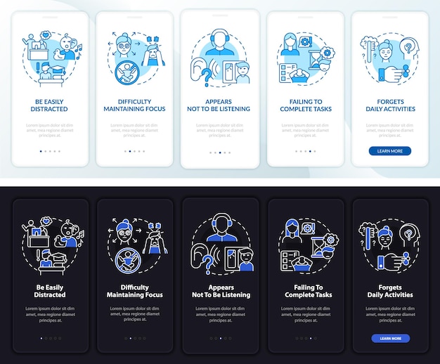 Sinais desatentos na tela da página do aplicativo móvel. dificuldades de tdah percorrem 5 etapas de instruções gráficas com conceitos. modelo de vetor ui, ux, gui com ilustrações lineares de modo noturno e diurno