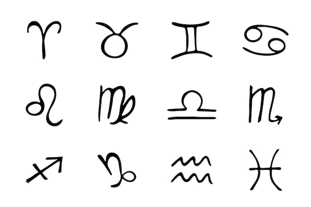 Vetor sinais do zodíaco desenhados à mão conjunto de rabiscos de símbolos esotéricos elementos de clipart de astrologia para design