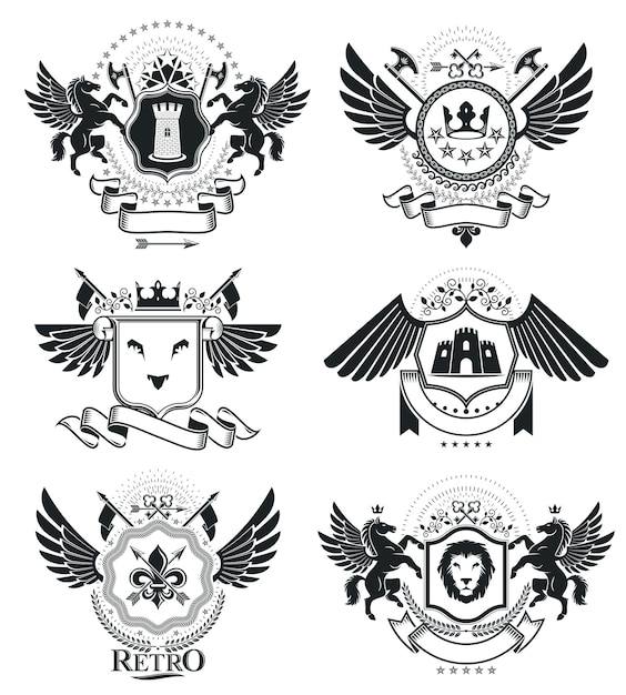 Vetor sinais heráldicos, elementos, emblemas heráldicos, insígnias, sinais, vetores. coleção de ilustrações simbólicas de alta qualidade elegante, conjunto de vetores.