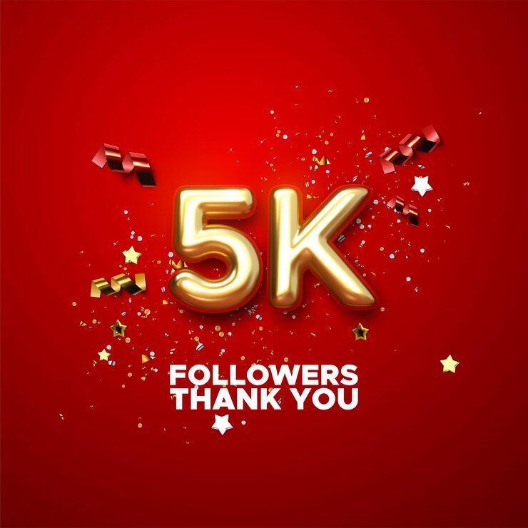Sinal 3D dourado 5K com confetes brilhantes sobre fundo vermelho