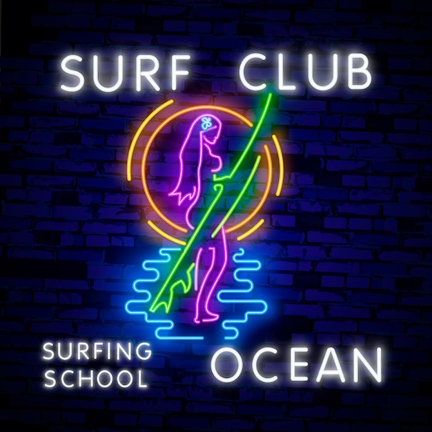 Sinal brilhante para surf club ou loja em estilo neon