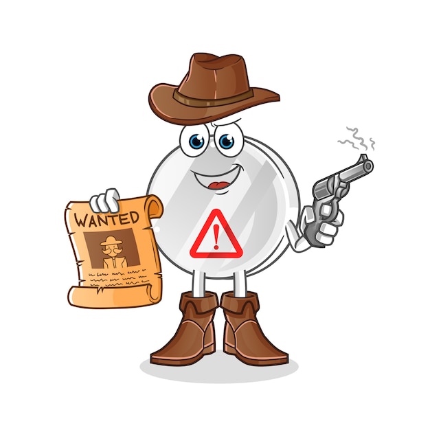 Sinal de aviso de cowboy segurando arma e ilustração de cartaz de procurado