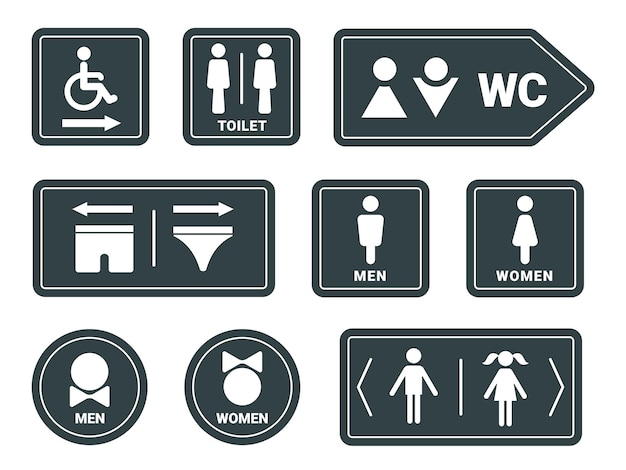Vetor sinal de banheiro ou banheiro de homem e mulher com setas ícone de banheiro de pessoa com deficiência design de banheiro com conjunto de vetores de pictograma de gênero de cuecas