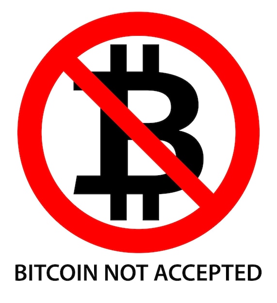Sinal de bitcoin não aceito. a letra b preta do bitcoin assina no círculo cruzado vermelho.