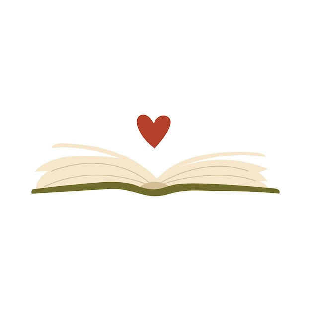 Sinal de coração e elementos de estilo doodle de livro aberto Ilustração vetorial plana isolada em fundo branco