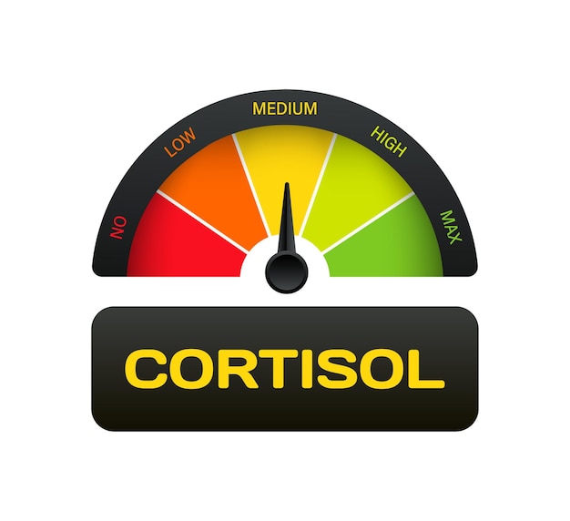 Vetor sinal de cortisol velocímetro de cor plana com flecha sem baixo médio alto máximo ícone de vetor de cortisol