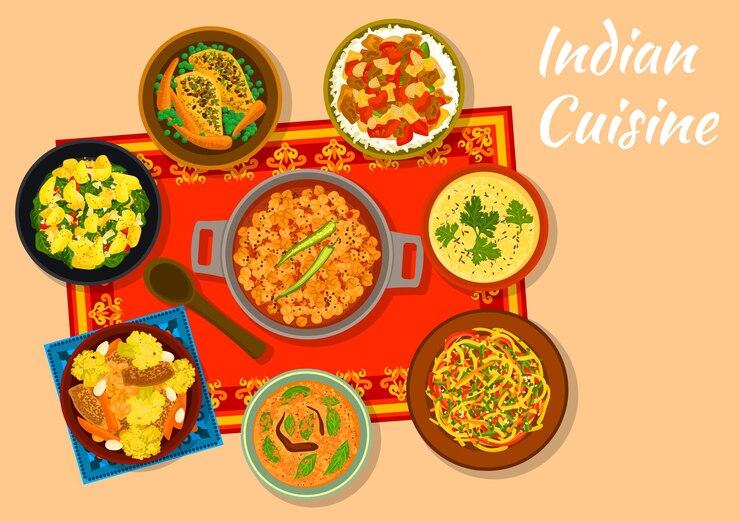 Vetor sinal de curry de grão de bico de cozinha indiana com salada de repolho quente, frango com legumes, batata de espinafre, ensopado de berinjela com arroz, sopa de milho com lentilha, torta de lanche khaman, frango ao curry com cenoura