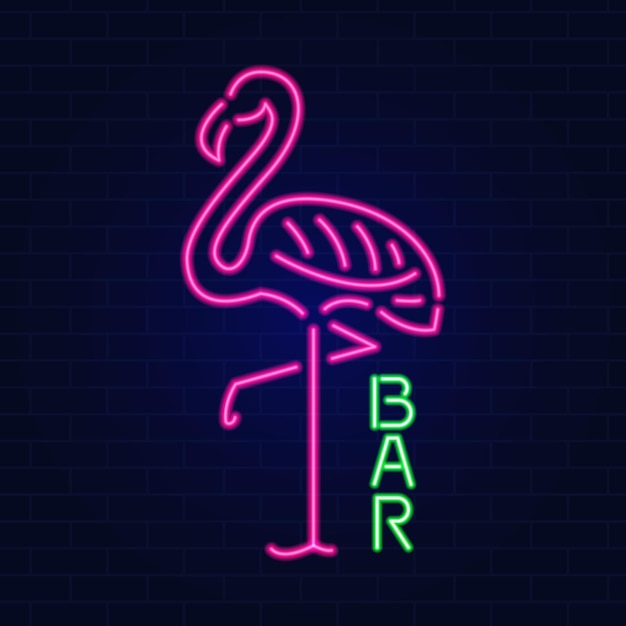 Sinal de efeito neon brilhante com clube noturno Pink Flamingo ou conceito de bar em vetor editável de fundo escuro