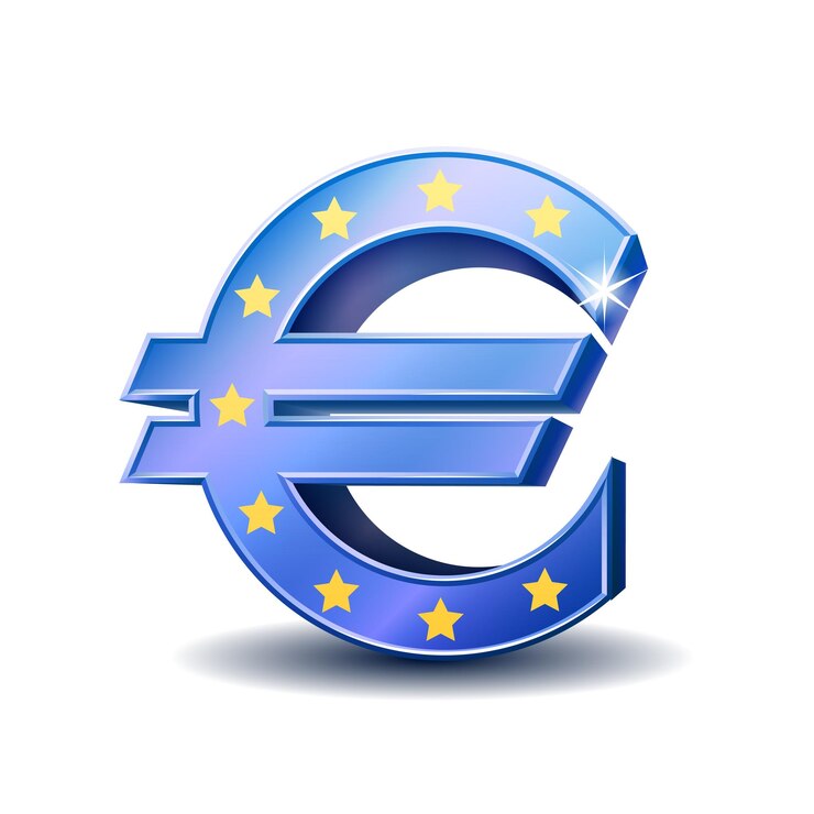 Vetor sinal de euro azul com estrelas amarelas isoladas no fundo branco moeda do conceito da europa