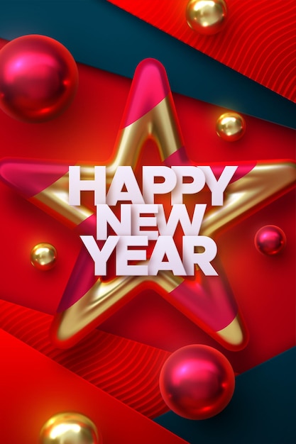Sinal de feriado de papel feliz ano novo com estrela vermelha e dourada bugiganga e bolas de natal