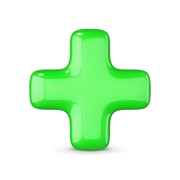 Sinal de mais verde isolado no fundo branco ilustração em vetor 3d do ícone de cruz verde brilhante