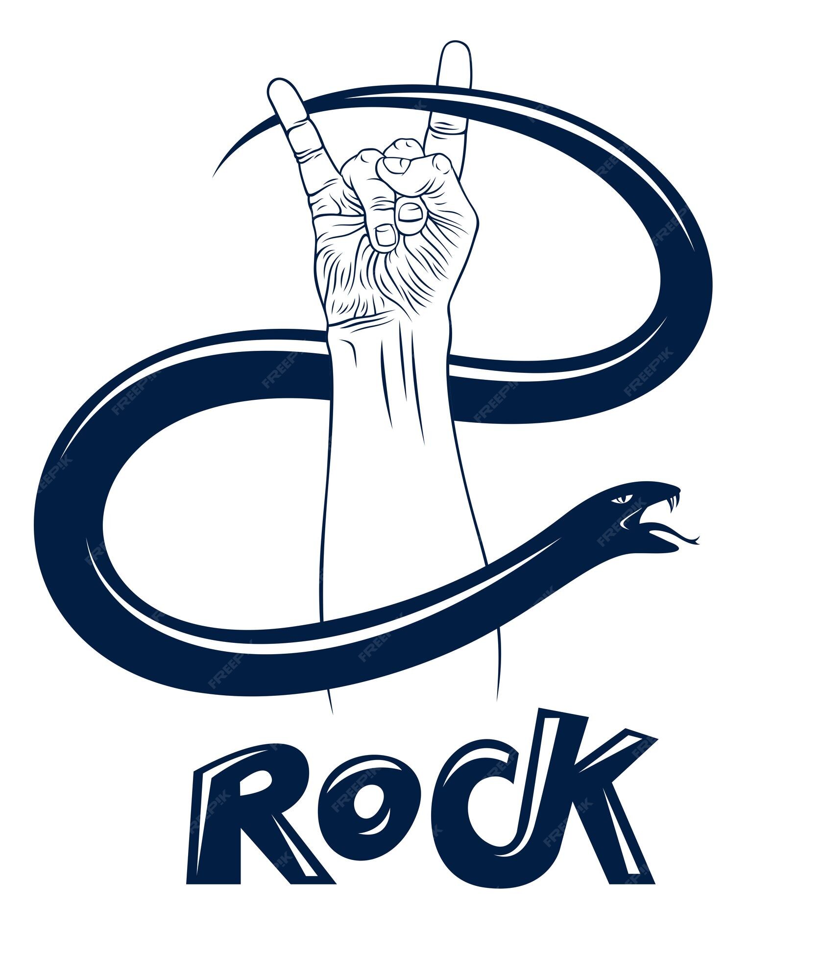 Sinal de mão de rock com cobra agressiva, gesto e serpente de rock and roll  de música quente, concerto ou clube do festival hard rock, emblema ou  logotipo de rótulo de vetor