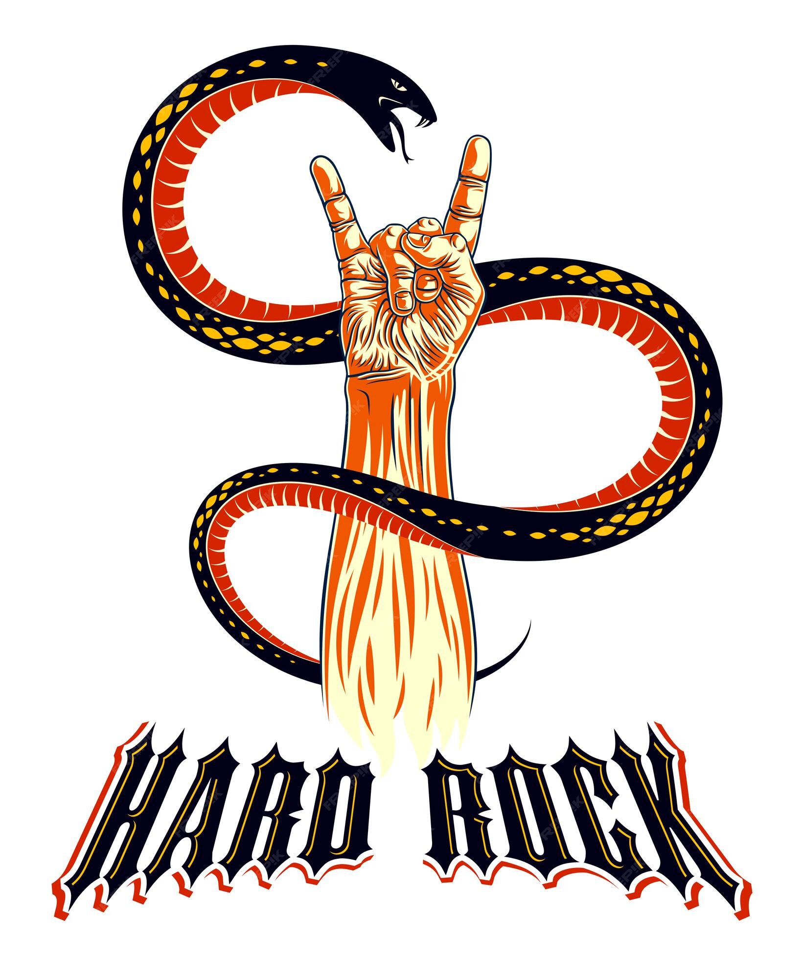 Sinal de mão de rock com cobra agressiva, gesto e serpente de rock and roll  de música quente, concerto ou clube do festival hard rock, emblema ou  logotipo de rótulo de vetor