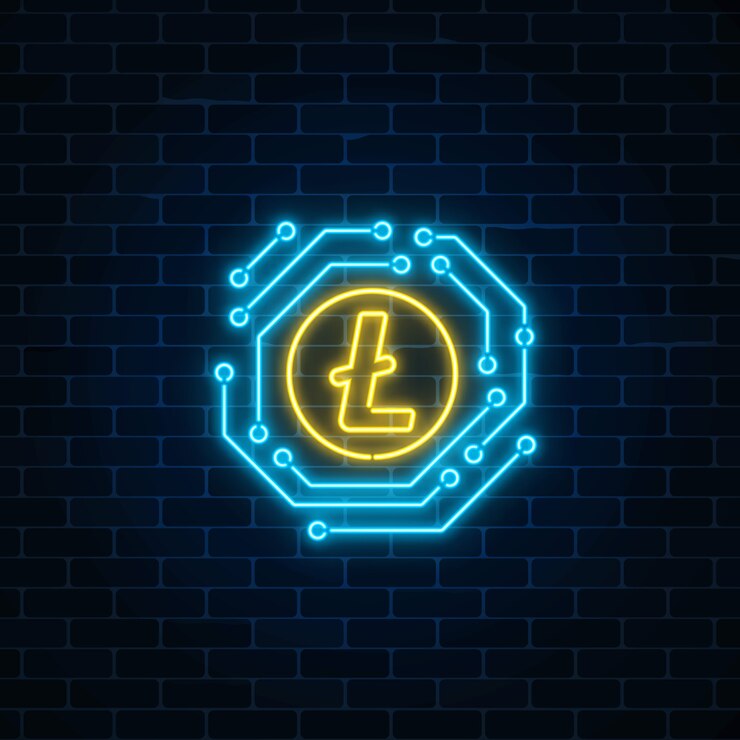 Vetor sinal de moeda litecoin de néon com circuito eletrônico. emblema de criptomoeda no fundo da parede de tijolo escuro.