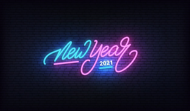 Sinal de néon de ano novo 2021. projeto de letras do feriado de ano novo.