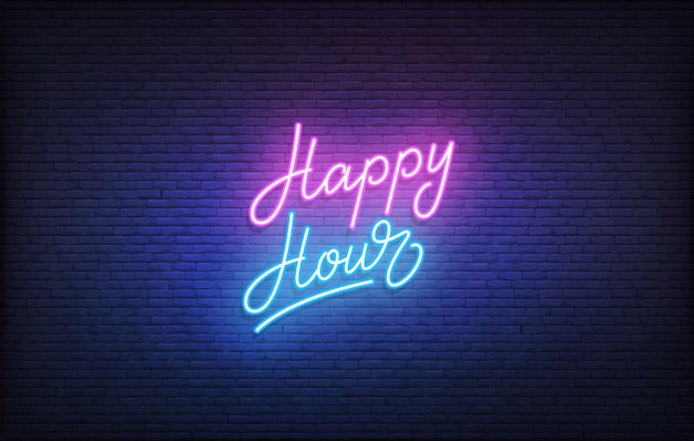 Sinal de néon happy hour. néon brilhante letras modelo happy hour.