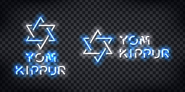 Sinal de néon realista do logotipo de yom kippur para decoração de modelo e cobertura no fundo transparente.