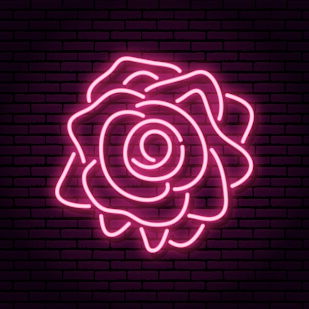 Vetor sinal de neon. vista superior da flor rosa rosa. no contexto de uma parede de tijolos.