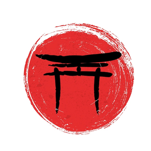 Sinal de portão do Japão. Portão torii em fundo de sol vermelho. Ilustração vetorial no estilo grunge.