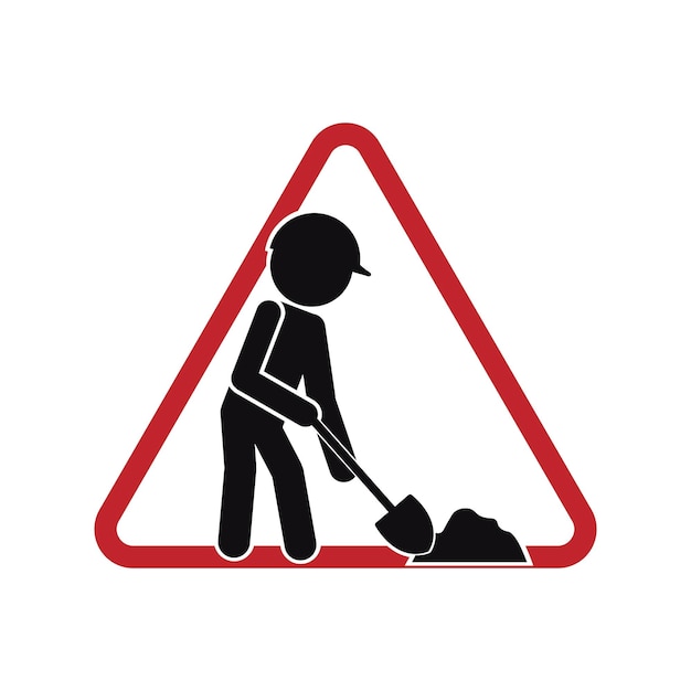 Vetor sinal de segurança de triângulo isolado homem pá de terra com capacete para homens em construção no trabalho
