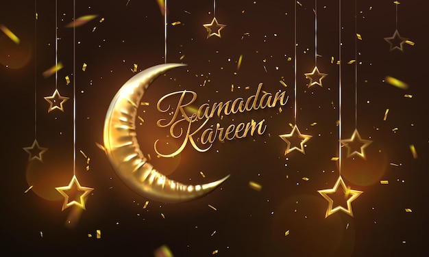 Sinal dourado de Ramadan Kareem com lua crescente e estrelas suspensas