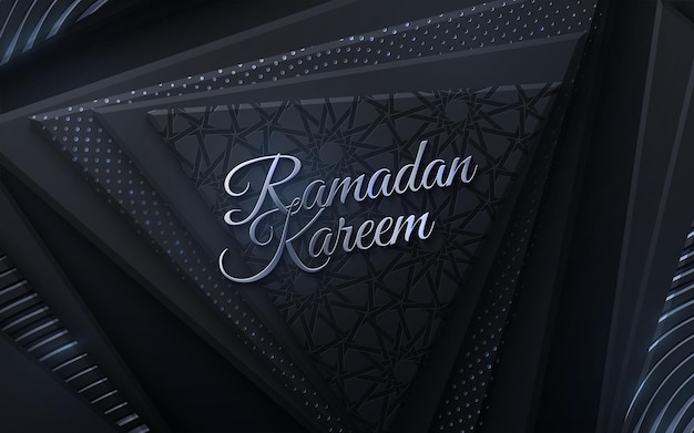 Sinal dourado de ramadan kareem em formas geométricas pretas e padrão girih tradicional