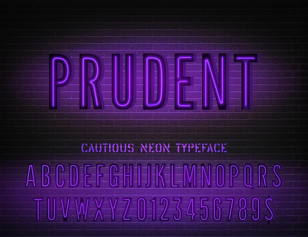 Sinal prudente com alfabeto estreito de néon violeta na ilustração vetorial de fundo de tijolo escuro