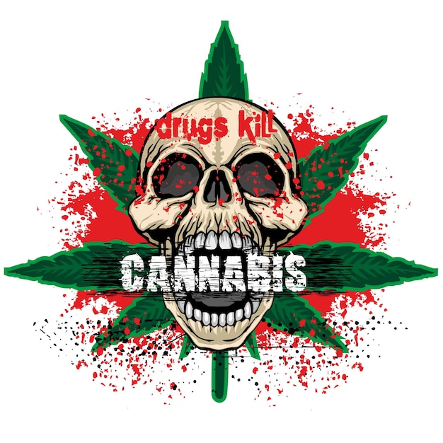 Sinal rastafari com crânio e folha de cannabis grunge design vintage camisetas