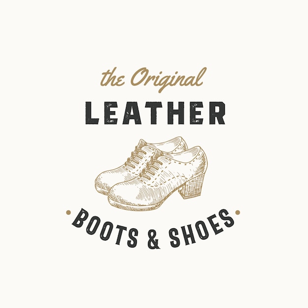 Sinal retrô de botas de couro original, símbolo ou modelo de logotipo. Ilustração de sapato feminino e emblema de tipografia vintage. Isolado.