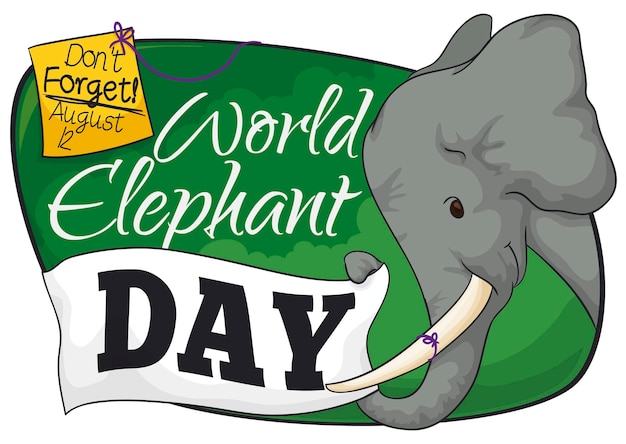 Sinal verde com elefante segurando uma nota de tecido amarelo e corda de lembrete para o dia mundial do elefante