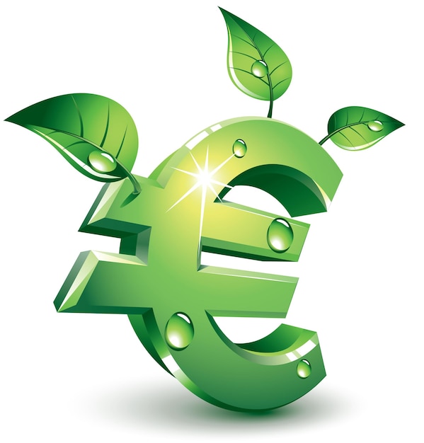 Vetor sinal verde do euro com folhas verdes