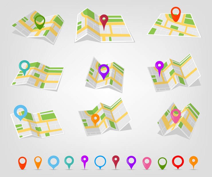 Vetor sinalização de localização em cores diferentes com um mapa