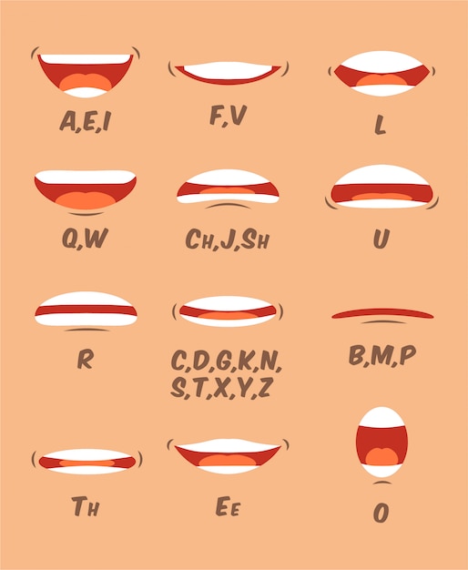 Sincronização de lábios e língua definida para animação e pronúncia do som. coleção de desenhos animados de boca humana em um estilo cartoon plana elementos de rosto de personagem.