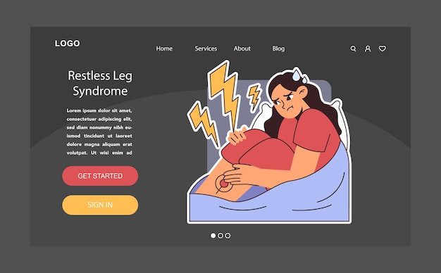 Síndrome das pernas inquietas ou RLS modo escuro ou noturno landing web problema noturno mulher insônia com