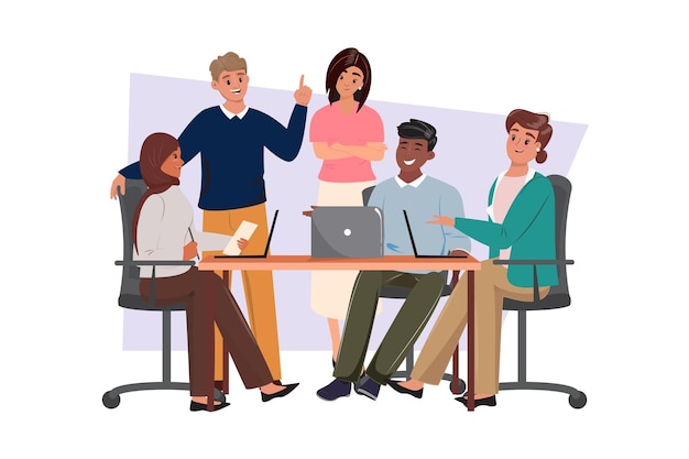 Sinergia de negócios dinâmica Equipa de negócios feliz na mesa discutindo o início de um projeto de negócios