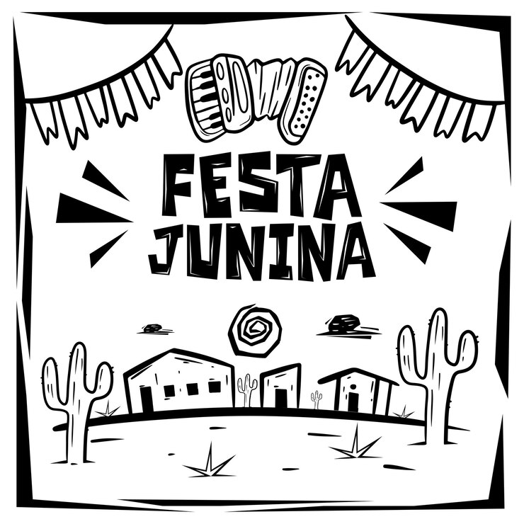 Vetor sinolo do festival de junho do brasil com acordeão em cima e cenário abaixo em estilo cordel vetorizado