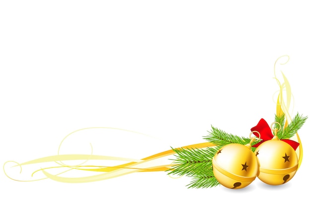 Sinos dourados de natal com laço vermelho e galhos de abeto convite de natal com vetor de canto decorativo
