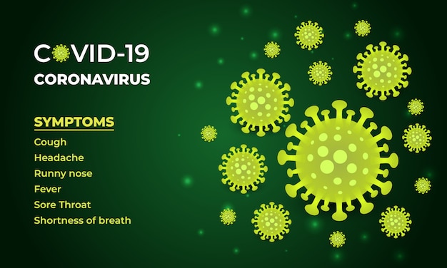 Sintomas de coronavírus em um fundo verde escuro. células covid-19, sobre um fundo verde.