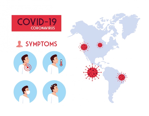 Sintomas de homens e mapa-múndi com design de vetor de vírus covid 19