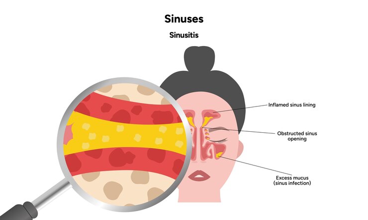 Vetor sinus anatomia sinus saudável e sinusite anatomia nasal da nariz inflamação cavidade nasal