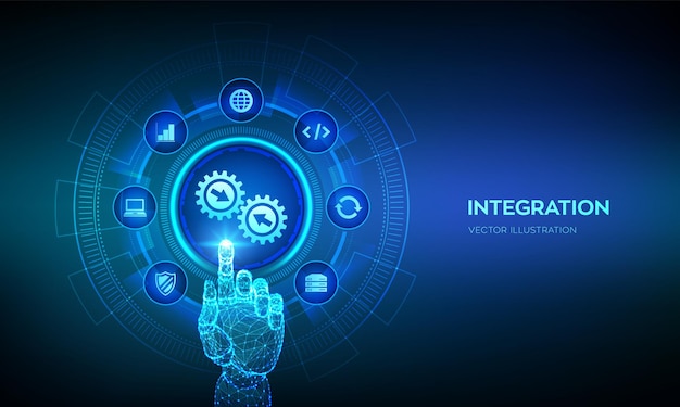 Vetor sistema de dados de integração conceito de integração de sistema na tela virtual tecnologia inteligente industrial soluções de automação de negócios mão robótica tocando interface digital ilustração vetorial