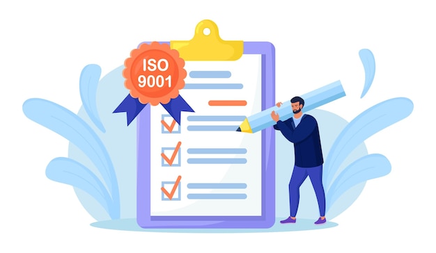 Sistema de gestão da qualidade ISO 9001, certificação internacional. O empresário confirma, certifica o produto de qualidade de acordo com a ISO 9001, controle de qualidade padrão. Indústria de padronização de documentos