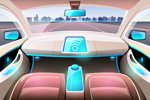 Sistema de segurança sem motorista de inteligência artificial com interface HUD no cockpit do carro autônomo Sistema de assistência ao motorista sem motorista no interior do veículo ACC Adaptive Cruise Control