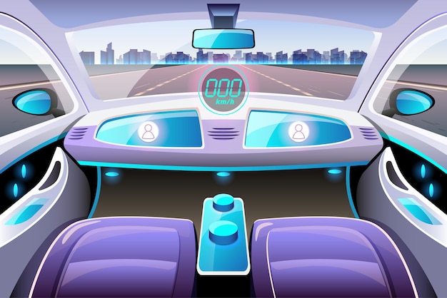 Sistema de segurança sem motorista de inteligência artificial com interface HUD no cockpit do carro autônomo Sistema de assistência ao motorista sem motorista no interior do veículo ACC Adaptive Cruise Control
