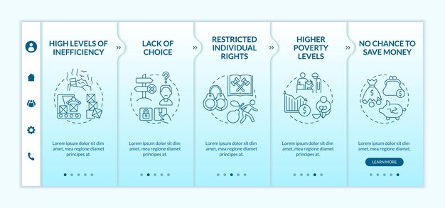 Sistema econômico planejado centralmente desfavorece o modelo de integração amarelo site móvel responsivo com ícones de conceito linear passo a passo da página da web telas de 5 etapas latobold fontes regulares usadas