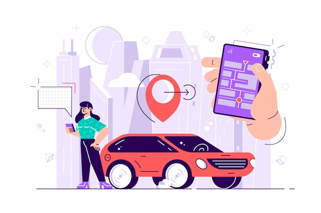 Vetor sistema gps, exibição de cartografia, localização no mapa da cidade, navegação no smartphone e tablet, o caminho é pavimentado para o carro.